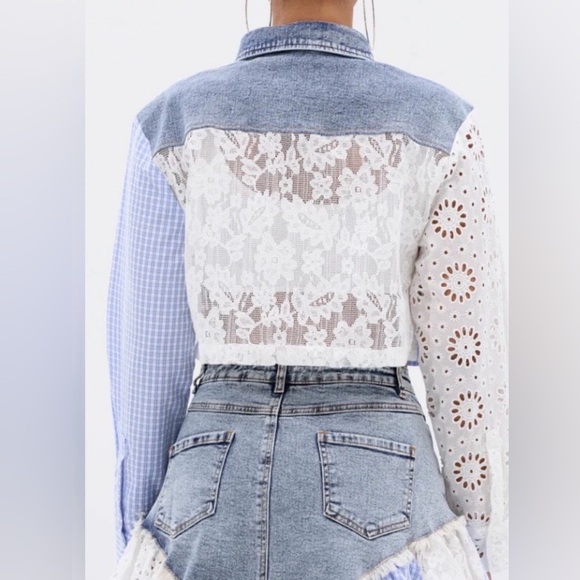NWT AKIRA Denim and lace poplin mini Skirt and shirt jacket set size M/L - Picture 5 of 6